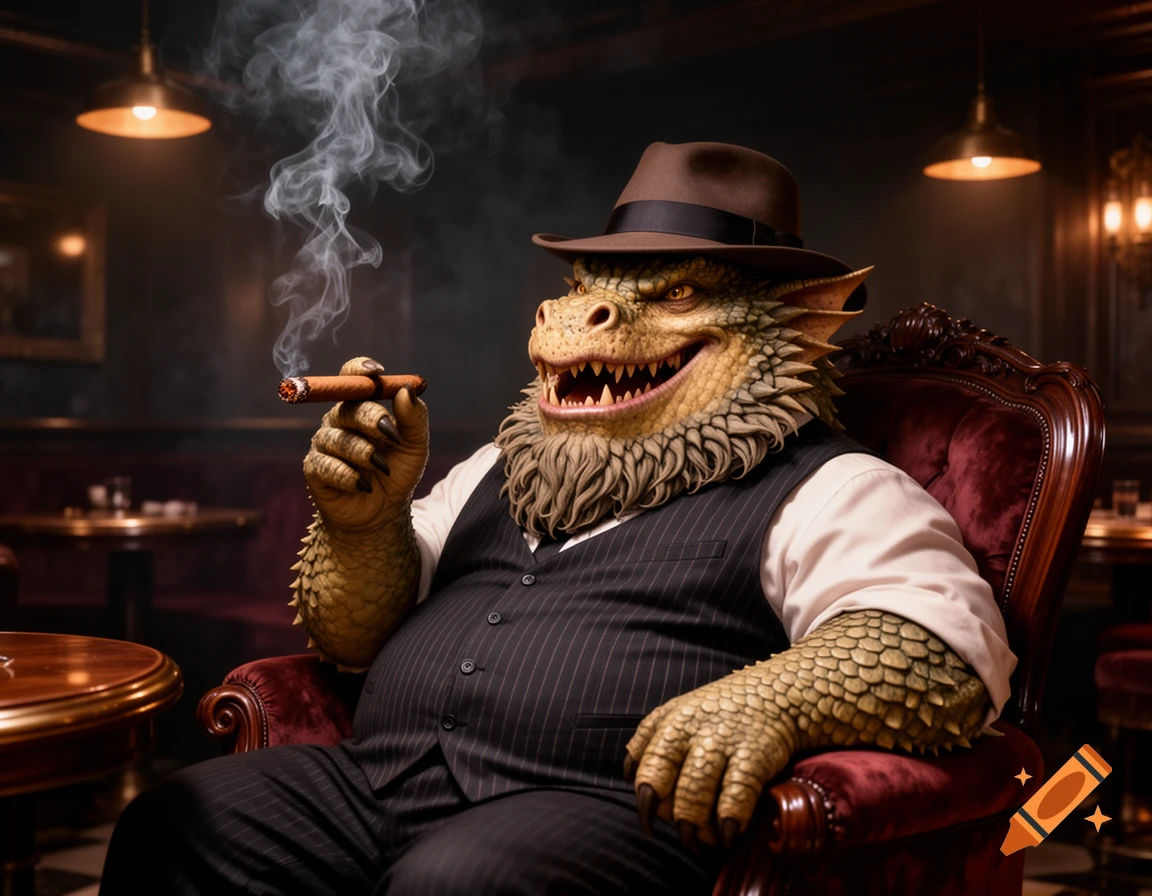 A dragonborn mob boss in a fedora and pinstripe vest sits in a plush chair, smoking a cigar and laughing in a dimly lit lounge.