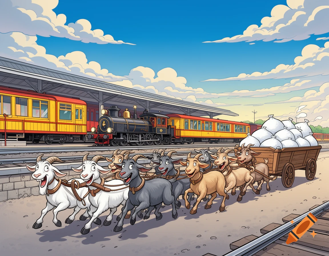 A cheerful comic-style illustration of several goats pulling a cart filled with sacks next to a train station with a steam train.