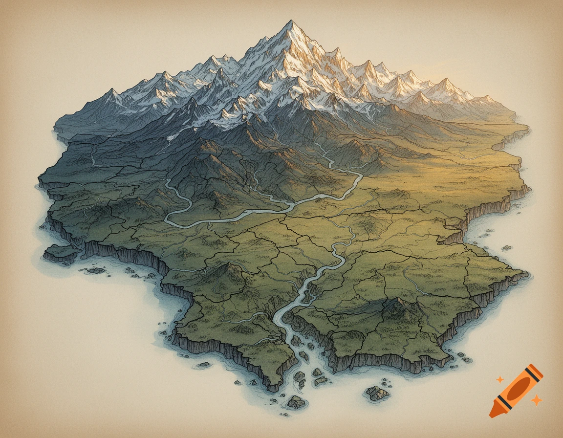 Isometric illustration of an imaginary continent map with snowy mountains, rivers, plains, and coastal cliffs.