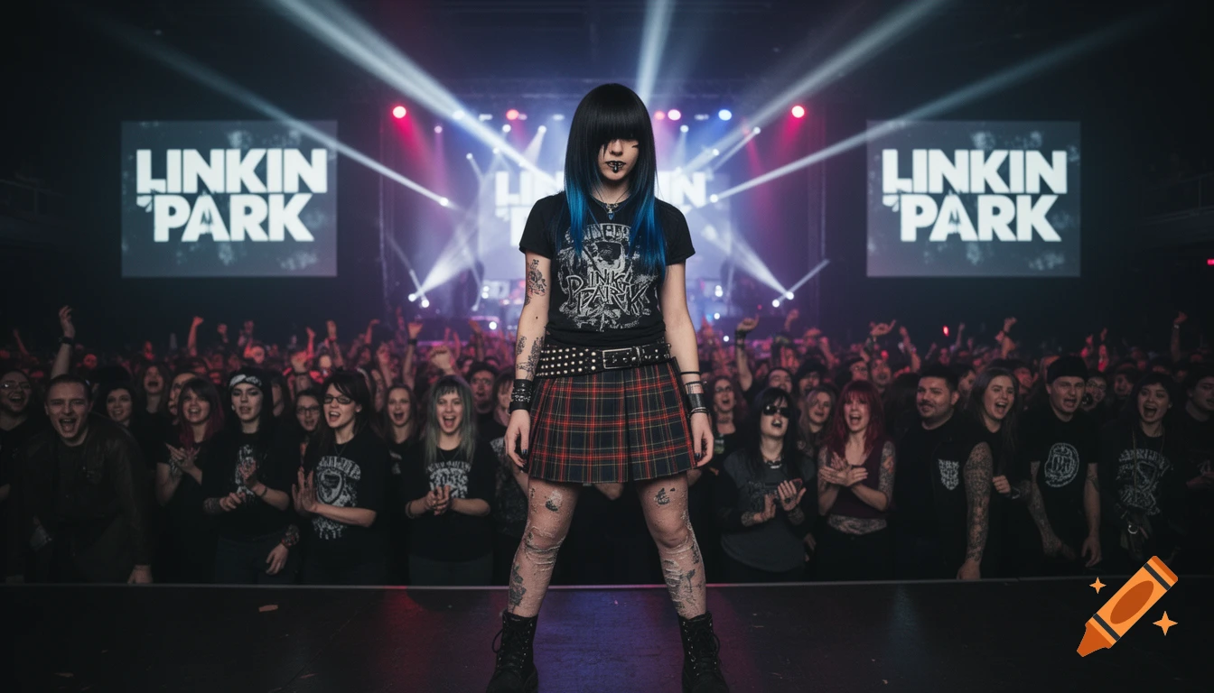 An emo person with blue-streaked hair stands on stage before a cheering crowd at a Linkin Park concert.