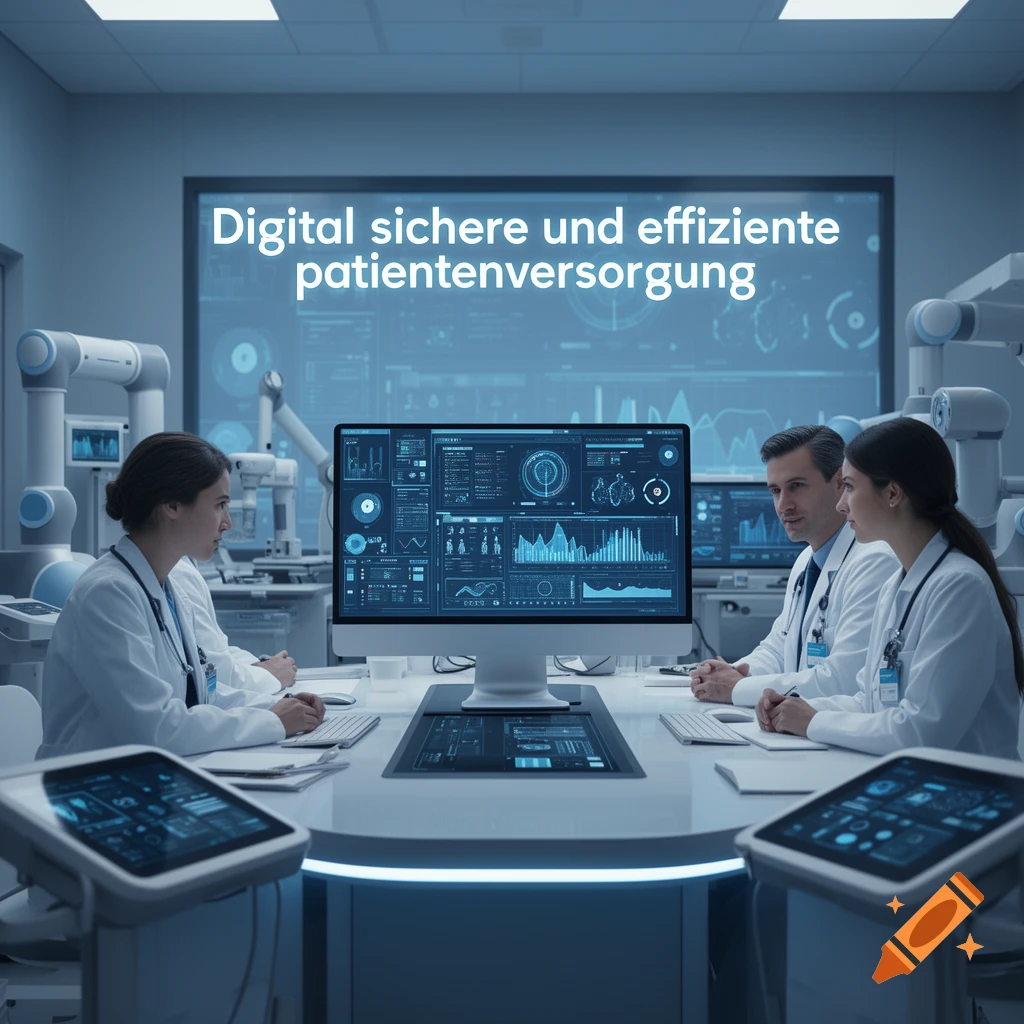 Doctors in white coats view data on large futuristic screens with the German text 'Digital sichere und effiziente patientenversorgung' visible on a background display.