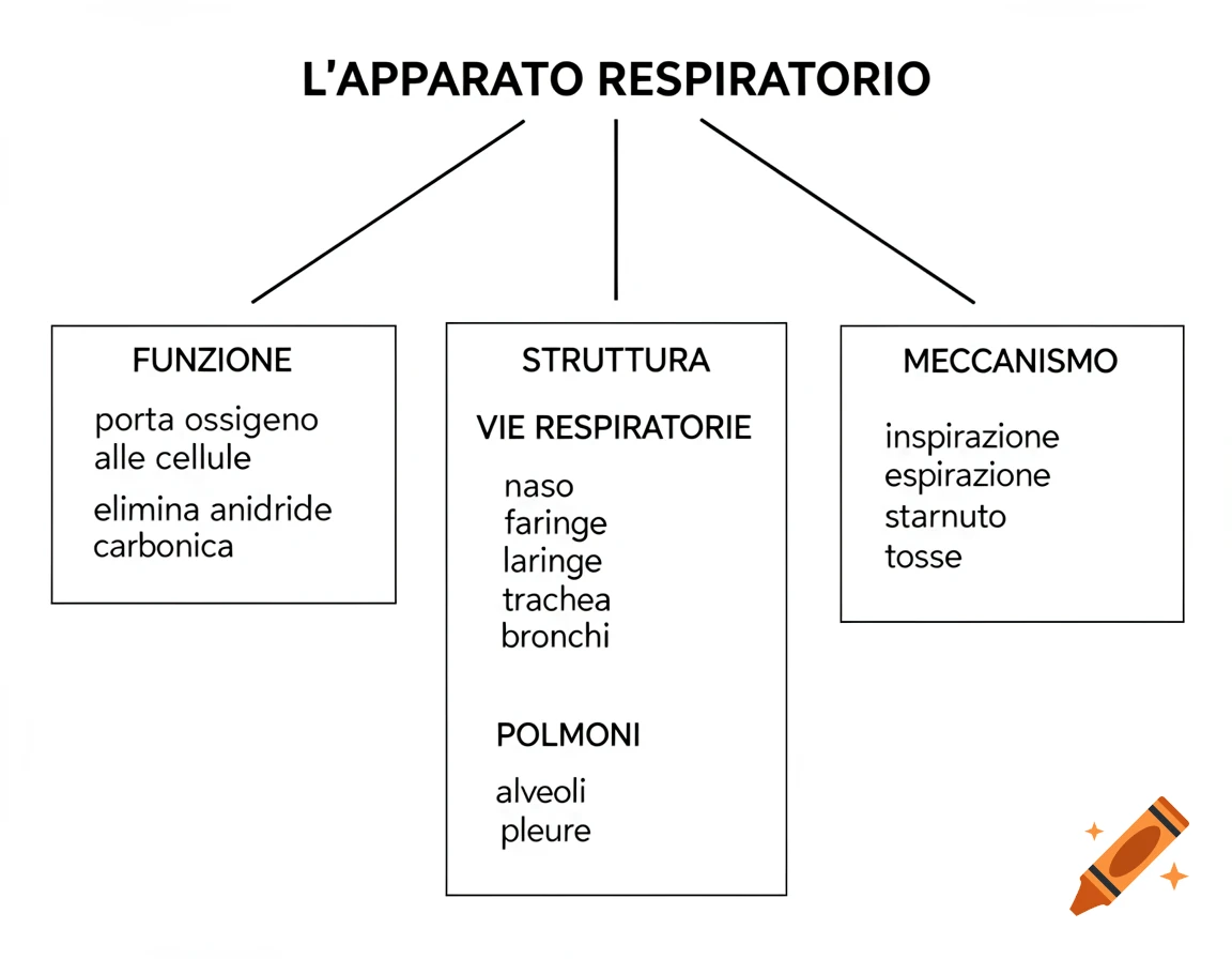 A conceptual map in Italian showing the human respiratory system's function, structure (airways, lungs), and mechanisms.