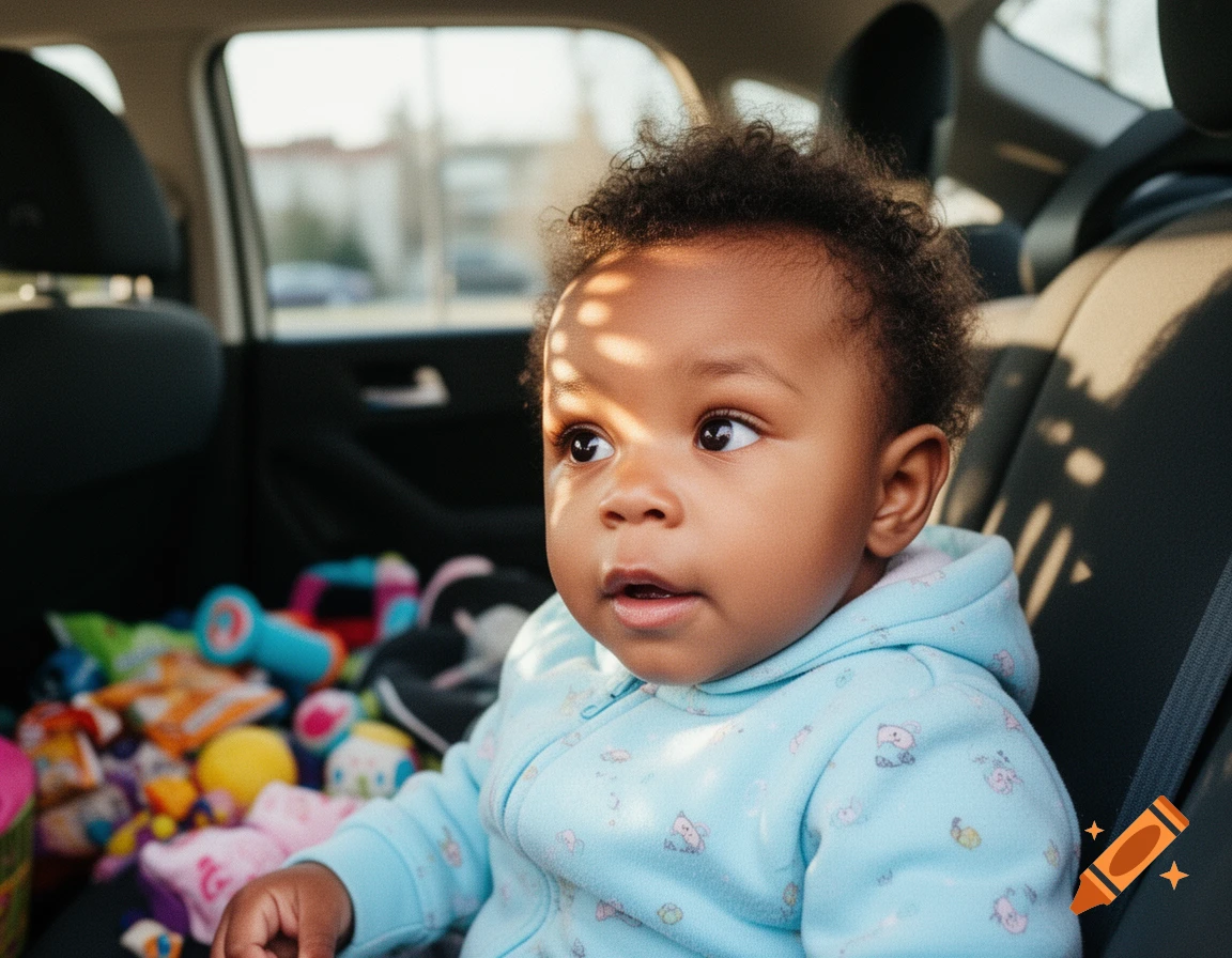 An African baby with curly hair in a light blue onesie looks away, sitting in a car's backseat with toys.