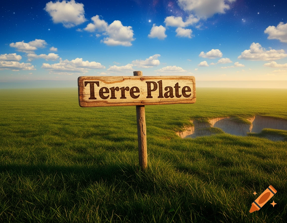 Photorealistic image of a wooden sign reading 'Terre Plate' (Flat Earth) in a green field by a cliff under a blue sky.