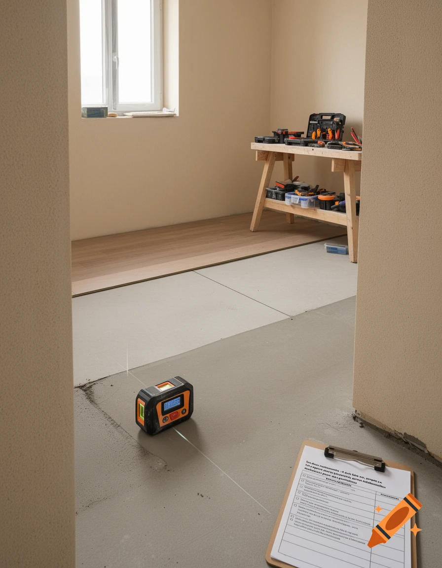 A room under renovation with a laser level on the concrete floor, a clipboard with text, and a workbench with tools.