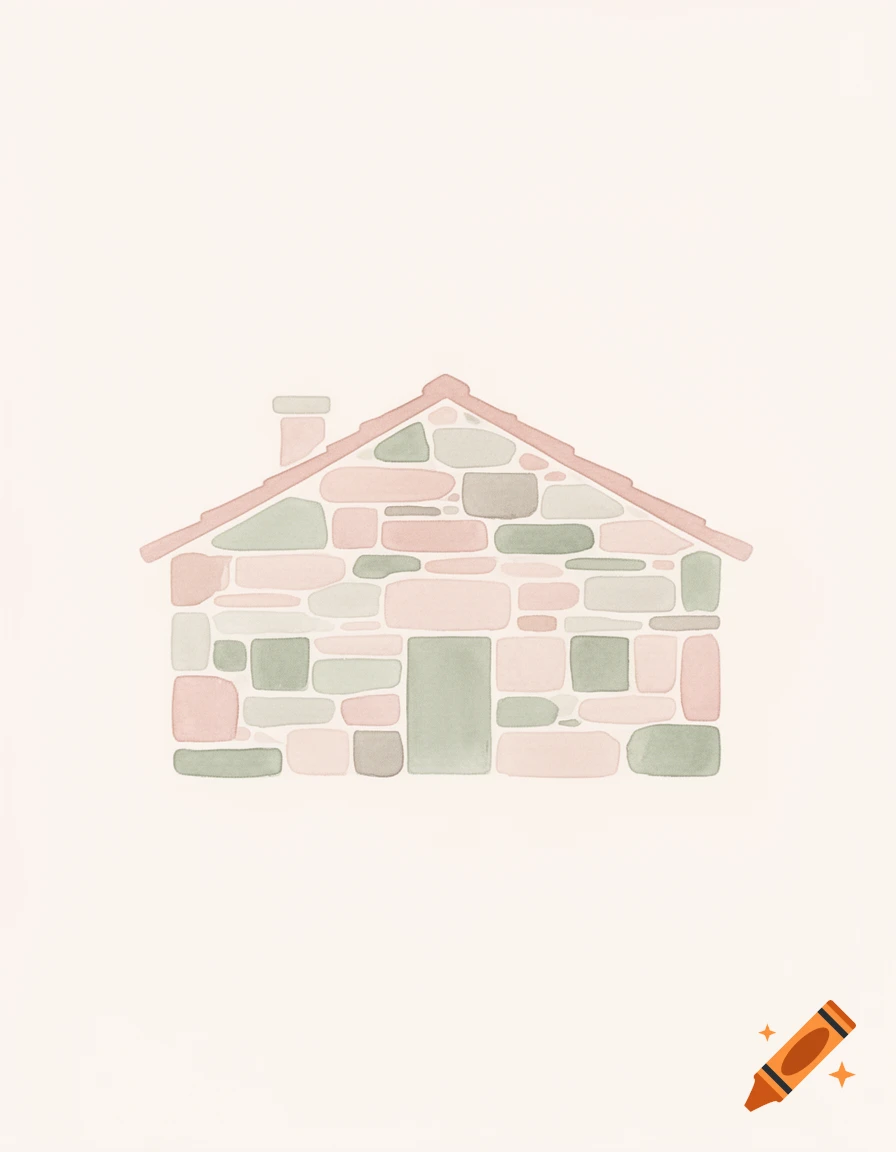 Minimalist watercolor drawing of a stone house with a red roof and chimney.