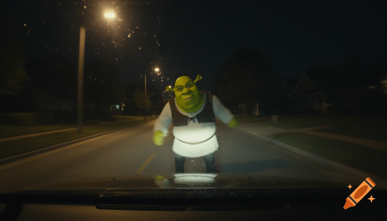 Photorealistic Shrek stands on a dark road at night, viewed through a grainy dashcam, illuminated by headlights.
