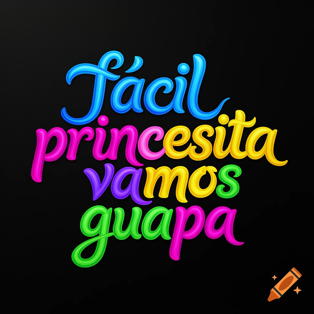 Colorful 3D-style text reading "fácil princesita vamos guapa" in blue, pink, yellow, purple, and green on a black background.
