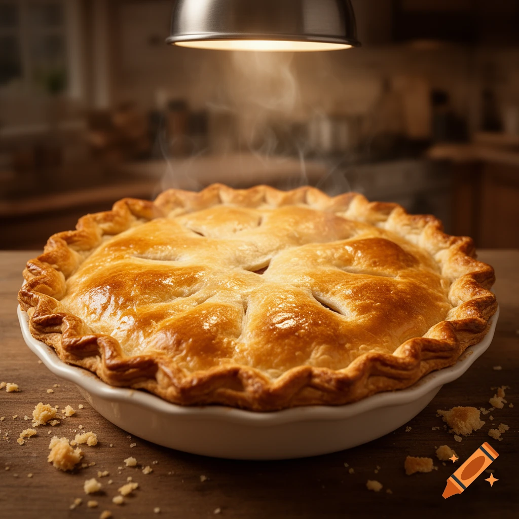 A golden brown, steaming hot pie with a crimped crust sits on a wooden table in a kitchen.