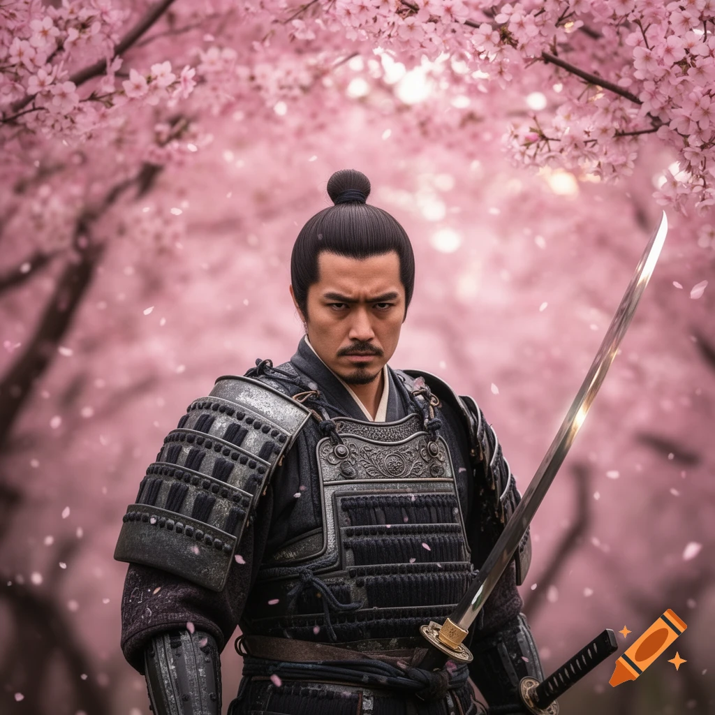 A stern samurai in dark armor holds a katana, standing among vibrant pink cherry blossom trees, photorealistic.