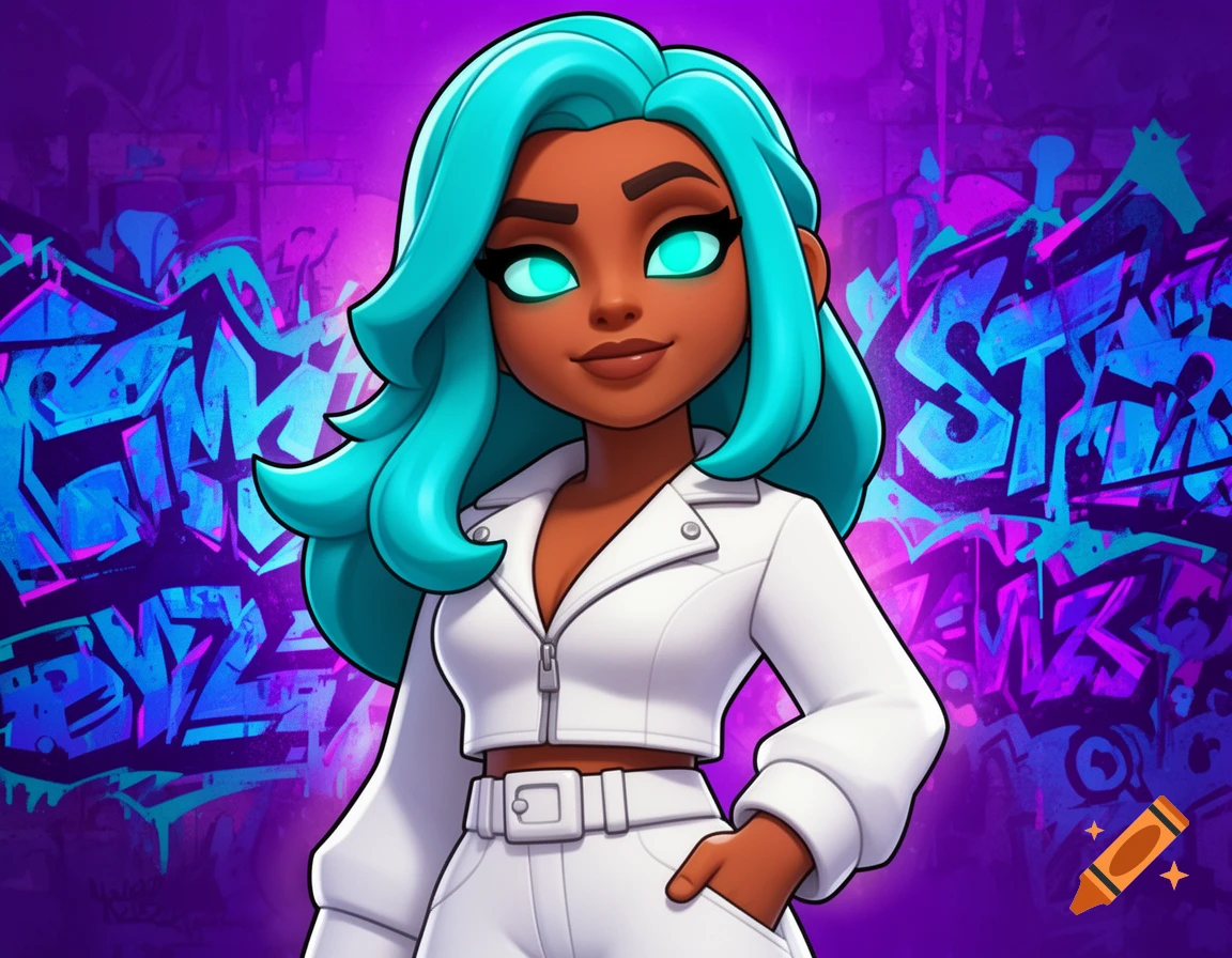 A stylized cartoon woman with teal hair and glowing blue eyes, wearing a white zippered jacket and pants, stands against a vibrant purple and blue graffiti background.