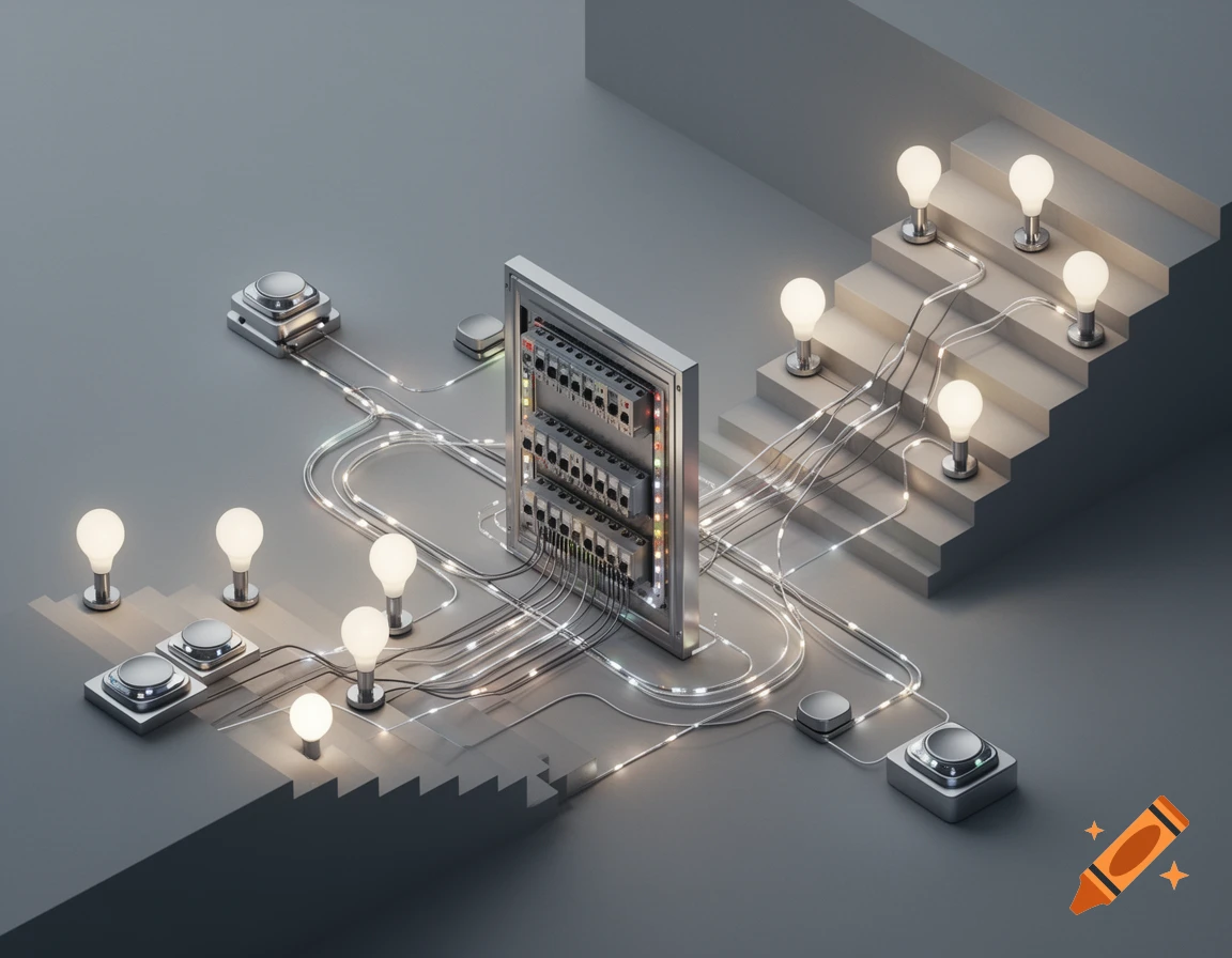 An isometric electrical circuit with light bulbs, push-buttons, a distribution board, and wires on gray stairs and surfaces.