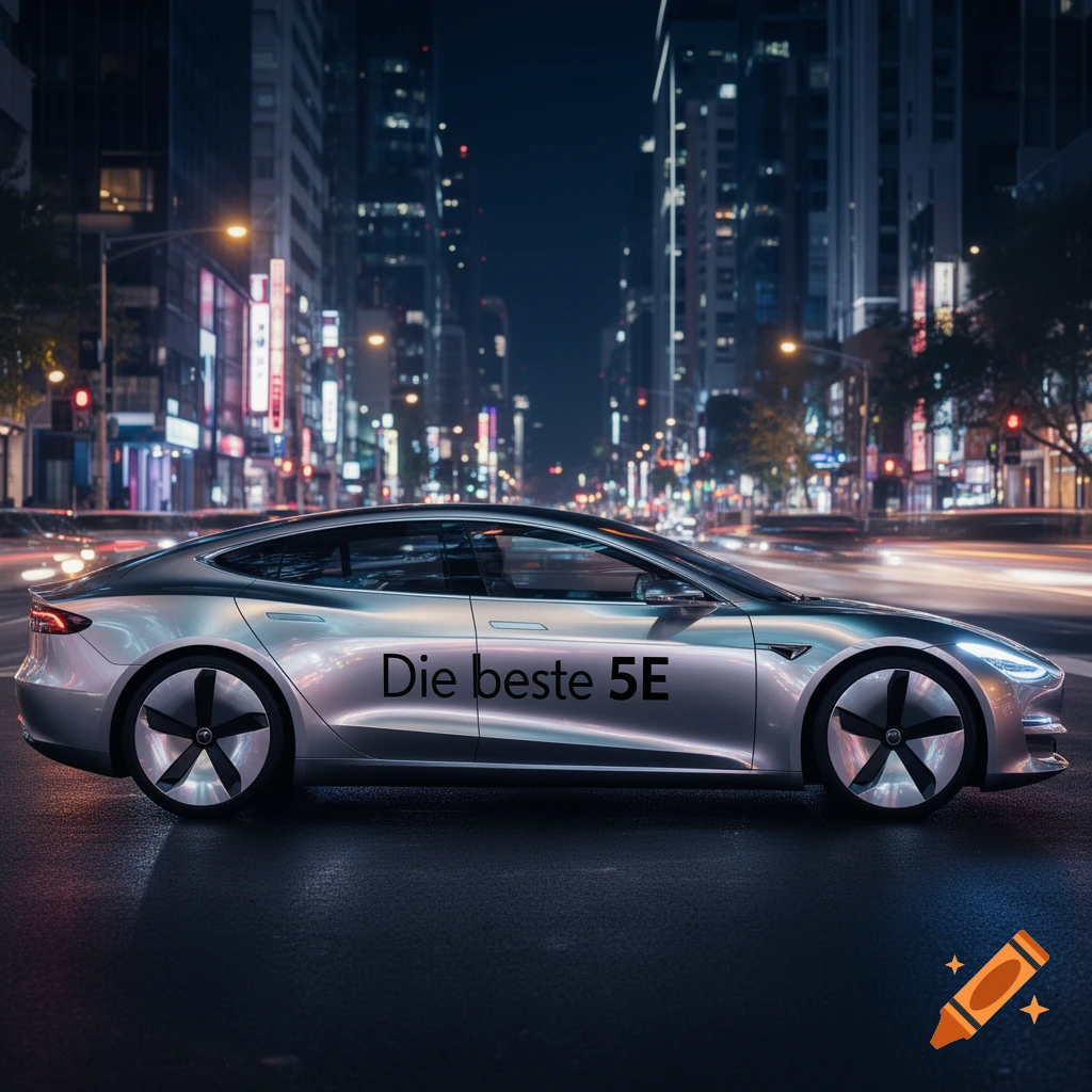 Silver car with 'Die beste 5E' on its side, on a wet city street at night with blurred city lights.