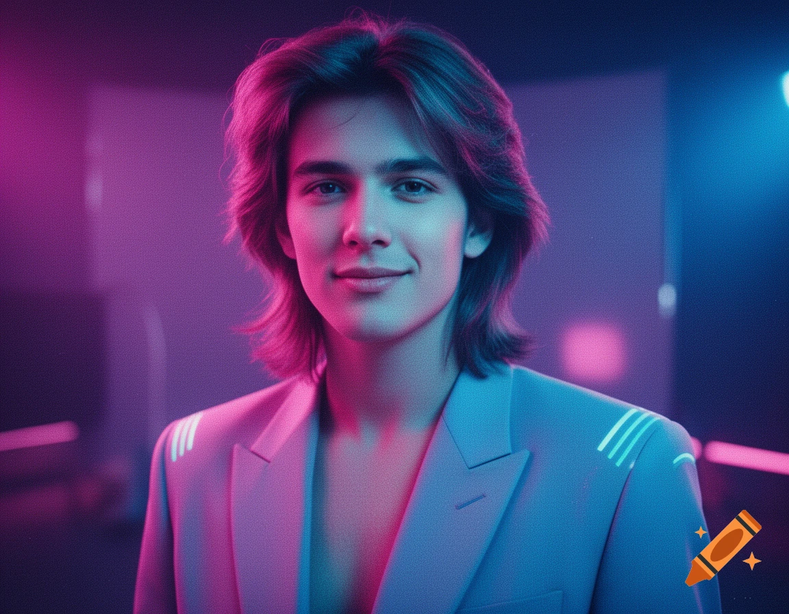 A young man with an 80s feathered haircut and a suit jacket smiles in a retro-futuristic synthwave portrait with neon magenta and blue lighting.