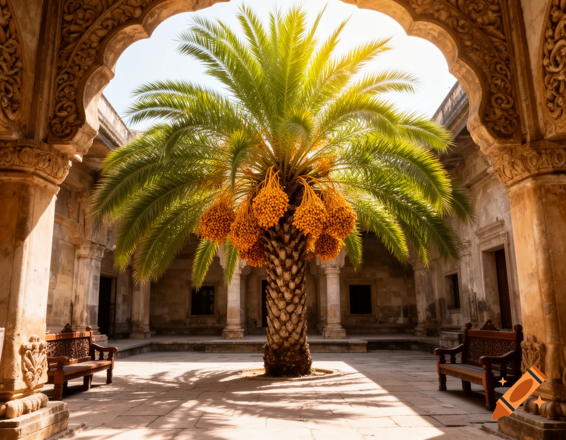 Palm Tree Renaissance A lush palm tree with ripe orange fruit stands in a serene, sunny ...