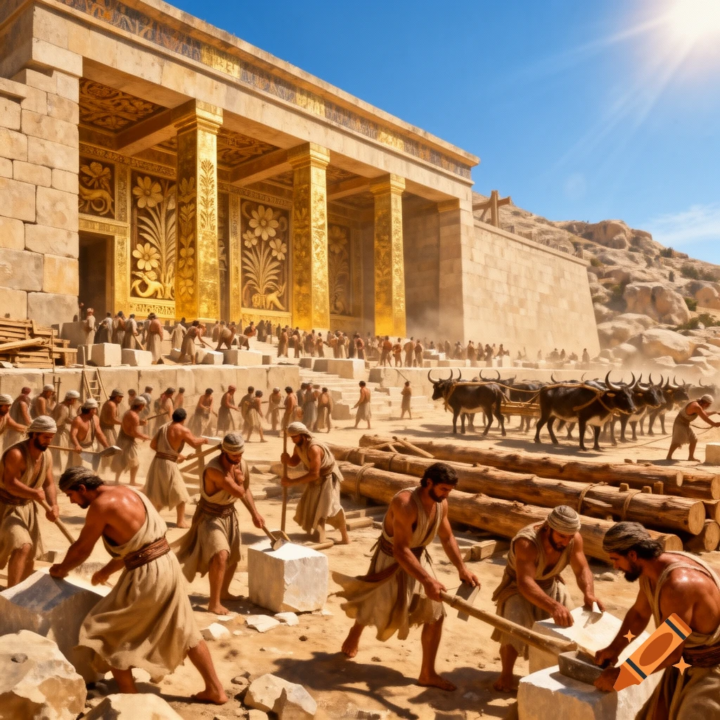Ancient men labor to build a grand golden temple in a desert, cutting stones and transporting logs with oxen.