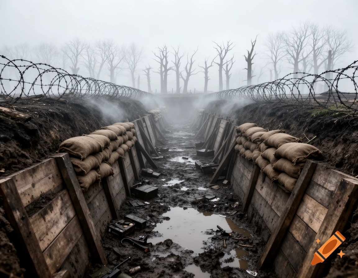 Photorealistic muddy World War I trench with sandbags, wooden walls, barbed wire, and dead trees shrouded in heavy fog.