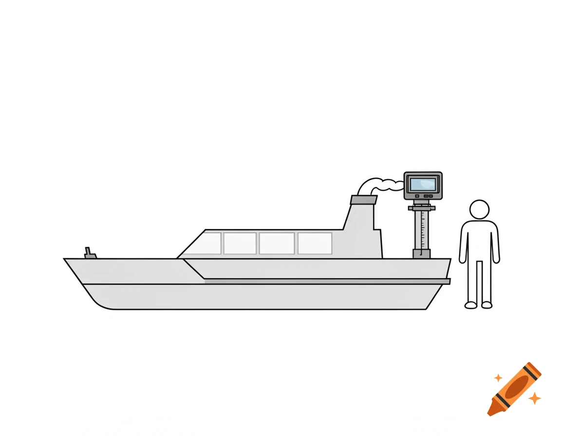 A flat, minimalistic illustration in IKEA assembly style shows an inland water vessel with a measurement device at its stern, next to a stick figure.
