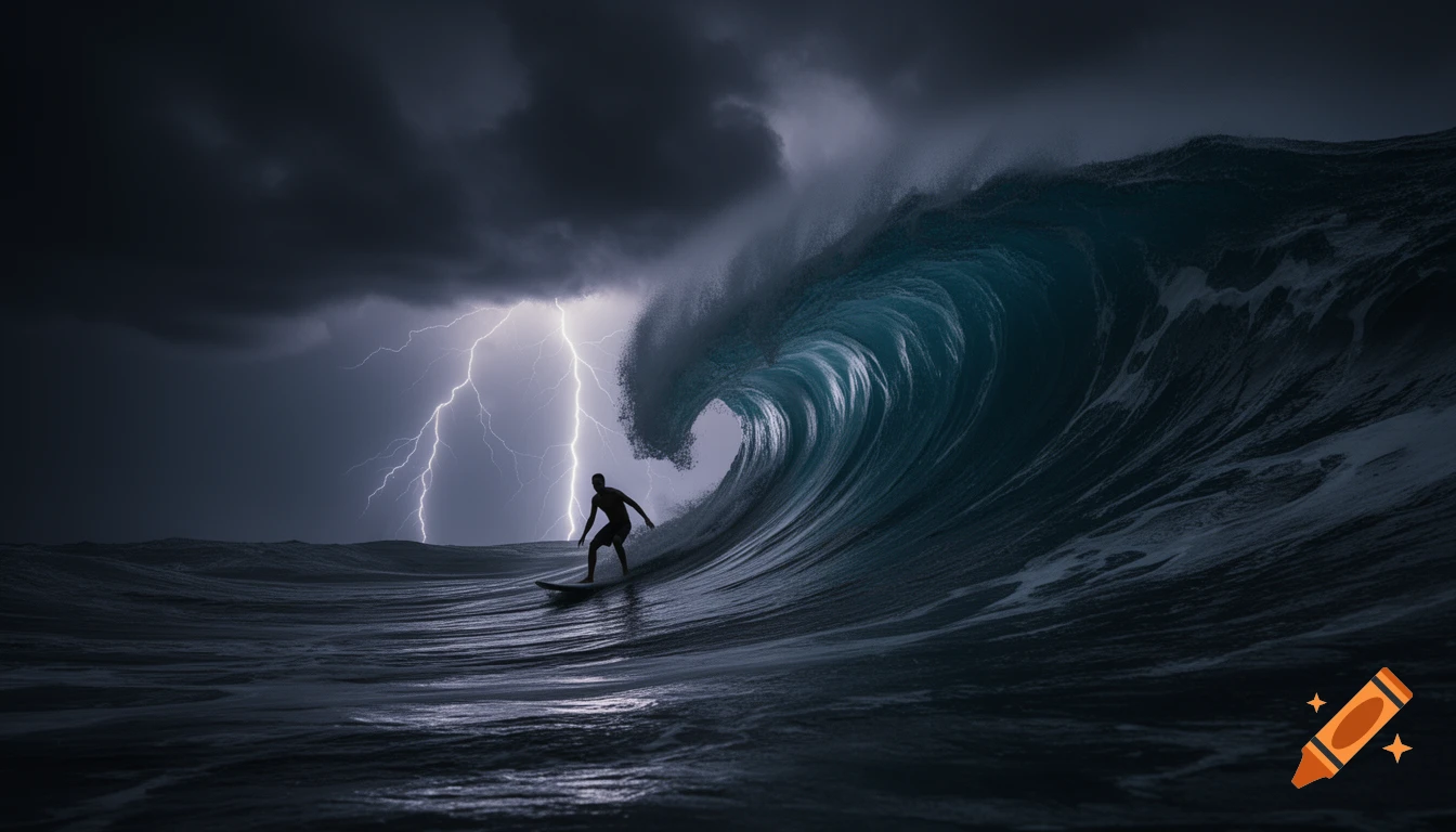 A lone surfer rides a massive wave during a dramatic night storm, silhouetted against brilliant lightning strikes over the dark ocean.