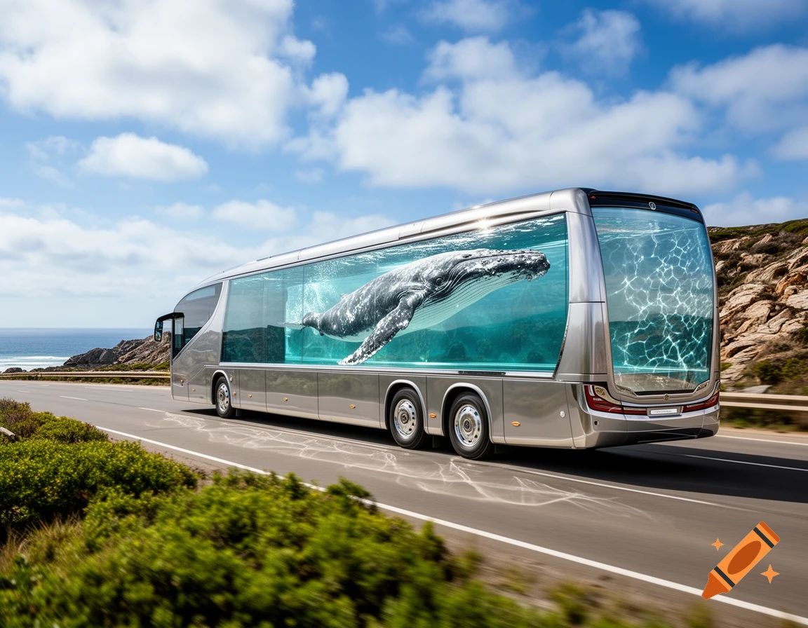 A sleek silver luxury bus drives on a coastal road, its entire side replaced with a large glass aquarium containing a swimming whale.