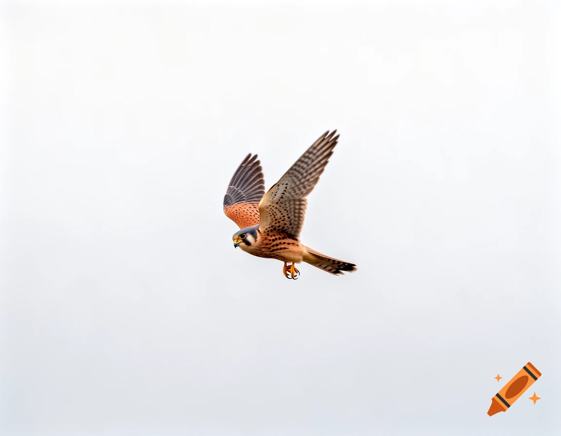 A kestrel with orange, brown, and grey markings flies through a bright, clear sky, its wings fully extended.