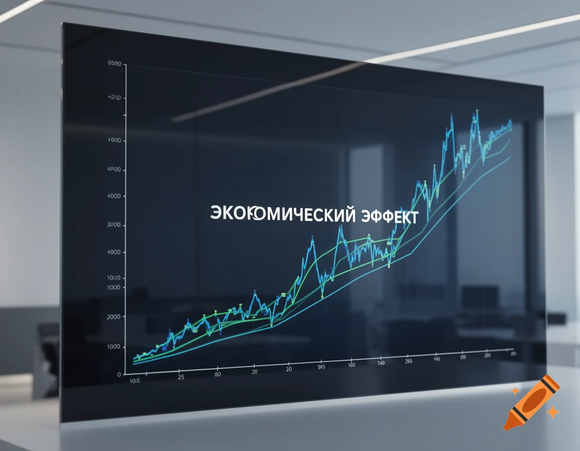 A 3D graph on a transparent screen showing 'ЭКОНОМИЧЕСКИЙ ЭФФЕКТ' (Economic Effect) in an office setting.
