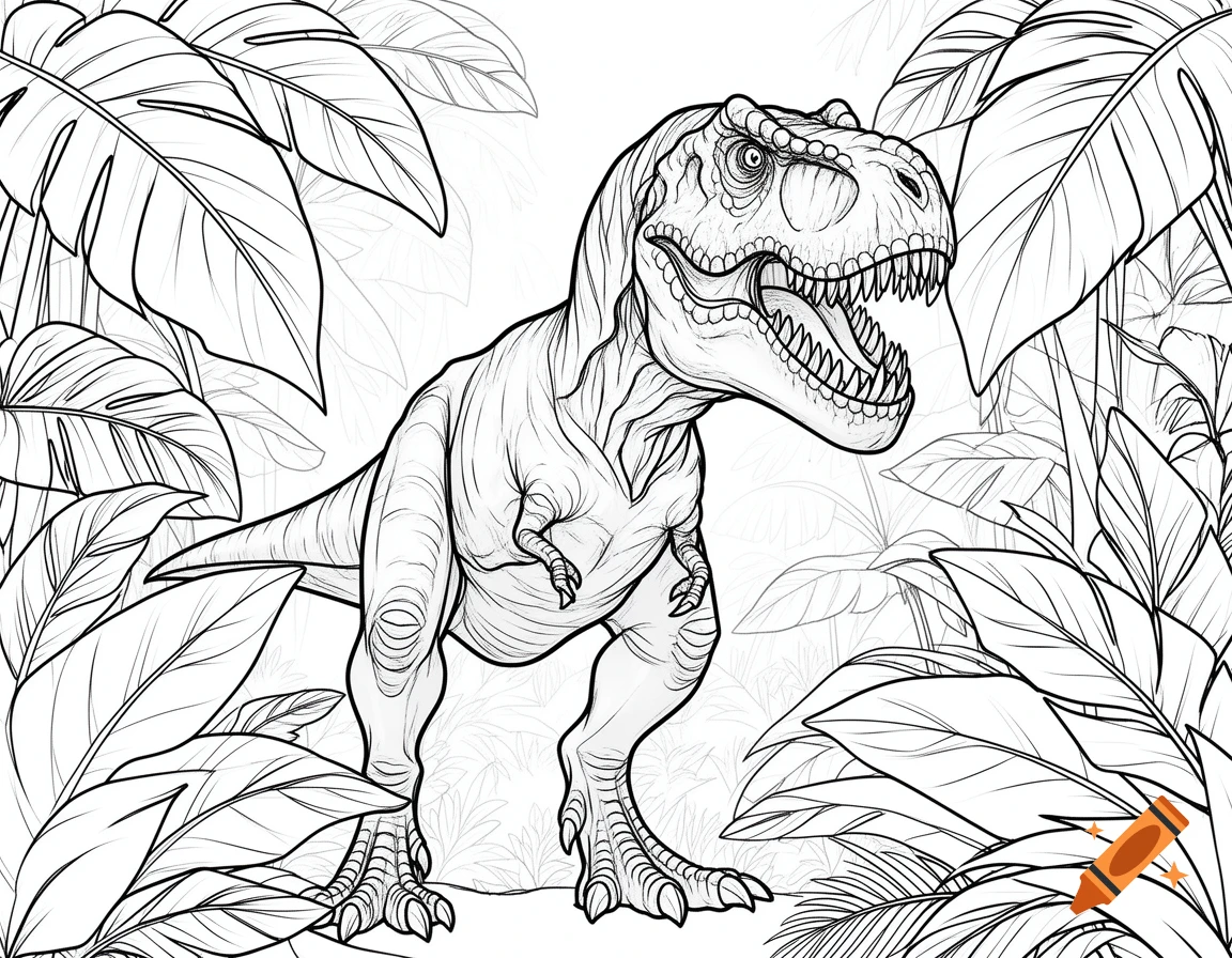 Black and white coloring page of a Tyrannosaurus Rex with an open mouth and sharp teeth, surrounded by large jungle leaves.