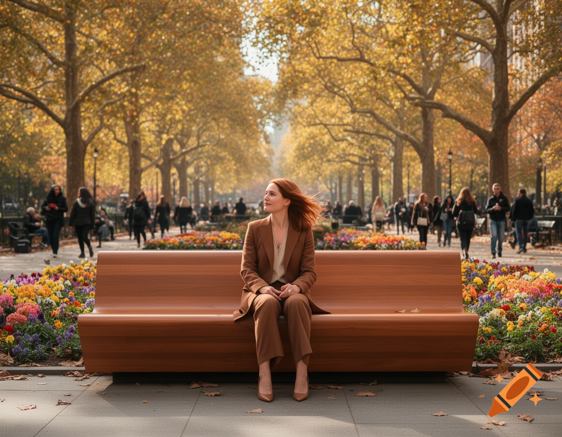A woman in a brown suit sits on a modern wooden bench in an autumn park with golden trees and colorful flowers.