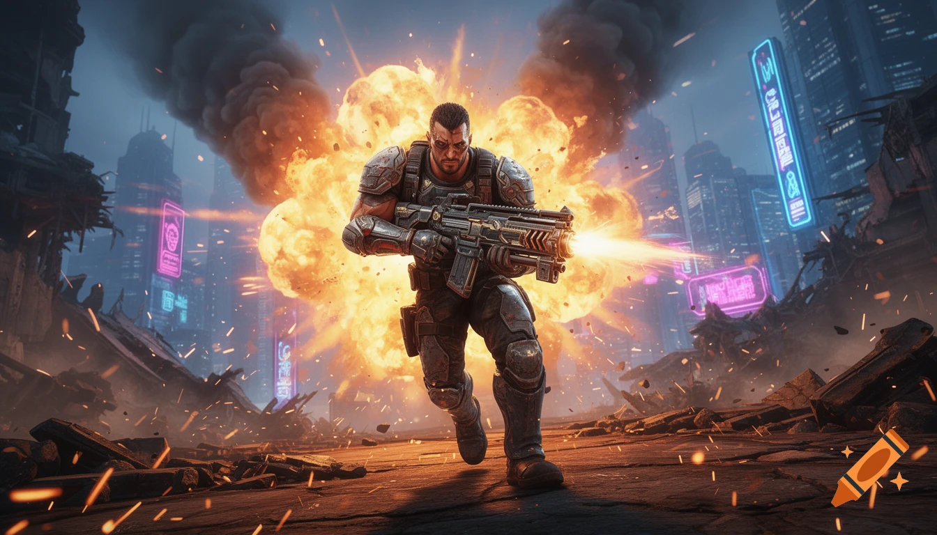 An armored warrior runs forward, firing a futuristic weapon, with a massive explosion behind him in a ruined cyberpunk city.
