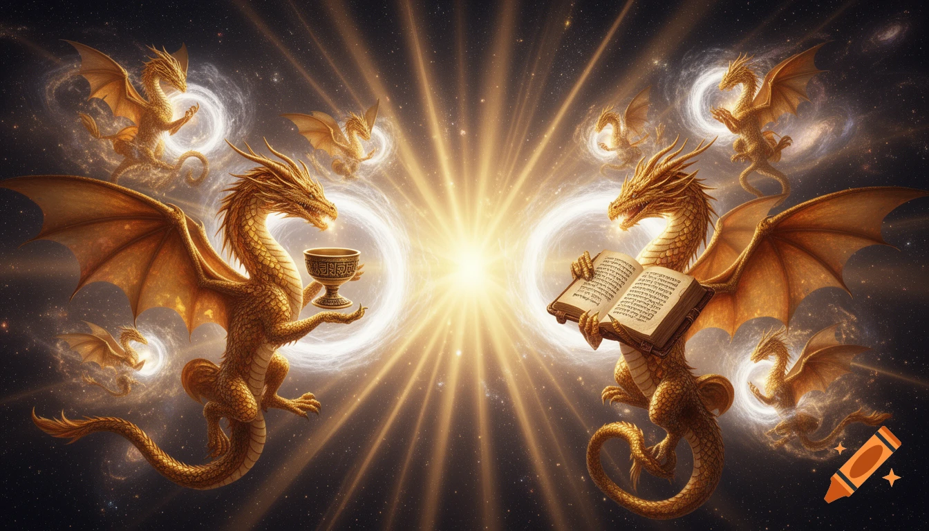 Two majestic golden dragons face each other in a starry cosmic void with portals of light. One holds a golden chalice, the other an open book, surrounded by smaller dragons and bright energy.