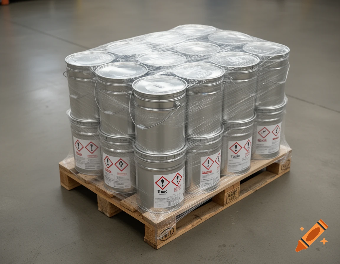 A pallet of silver metal buckets wrapped in plastic with 'Toxic' hazard labels on a concrete floor.