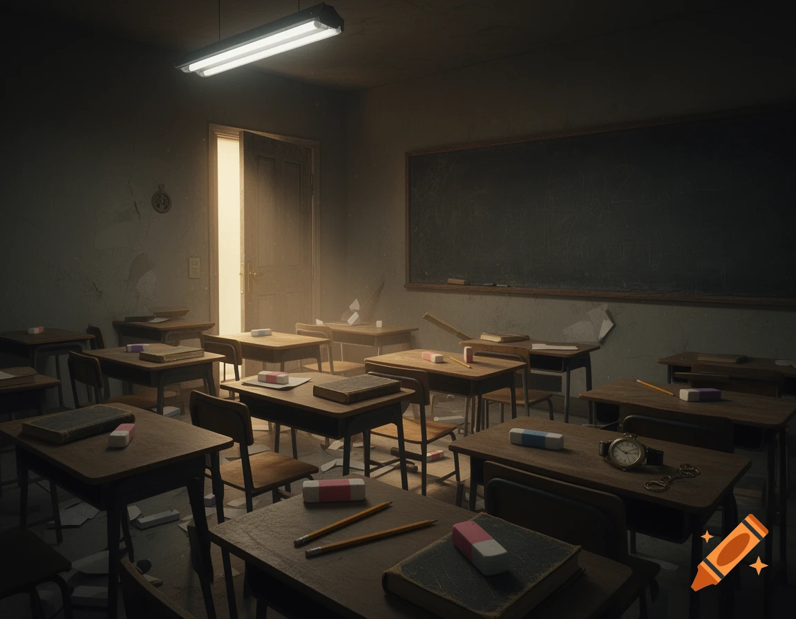 A dimly lit, abandoned classroom with an open door glowing with light. Desks are scattered with pencils, erasers, and books, and a blackboard is on the wall.