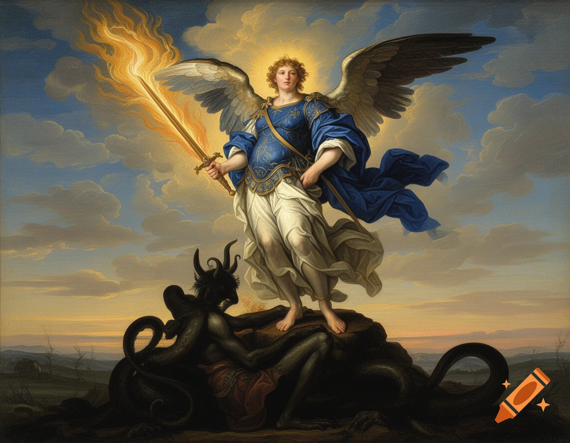 A Renaissance painting of Archangel Michael with a flaming sword standing triumphantly over a defeated horned demon on a rocky landscape beneath a cloudy sky.