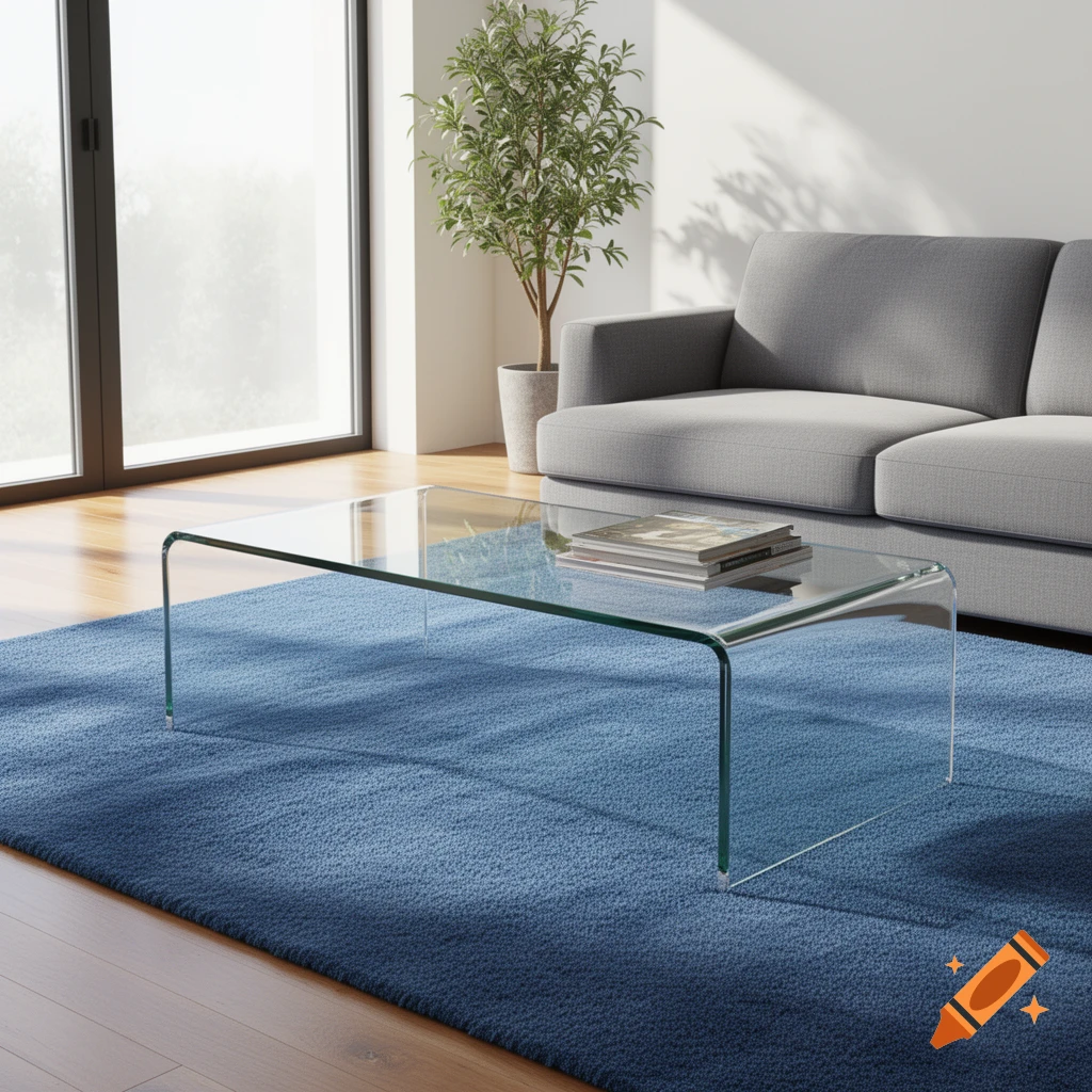 A modern living room featuring a clear glass coffee table on a blue rug, a grey sofa, and a potted plant by a large window.