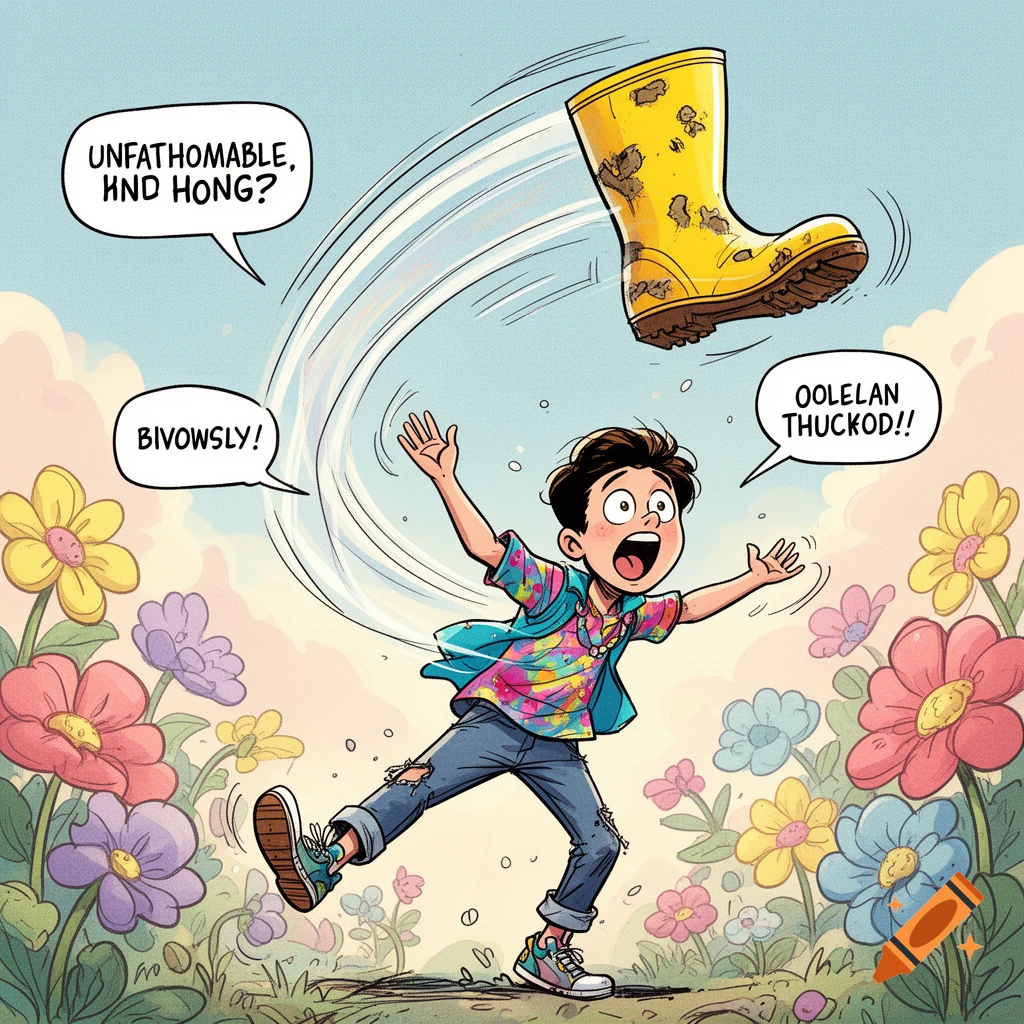 A cartoon boy in a tie-dye shirt with wide eyes, arms raised, reacts as a muddy yellow boot flies backward over his head in a field of colorful flowers.