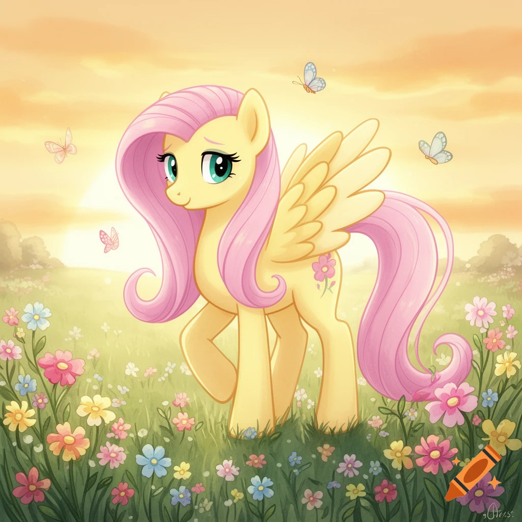 A cartoon pony with a yellow body, pink mane, and wings stands in a vibrant flower field under a soft sunset sky, with butterflies fluttering around.