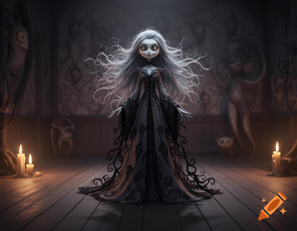 A pale, white-haired character with large yellow eyes in a long, dark gothic dress stands in a shadowy, candlelit room with distorted figures.