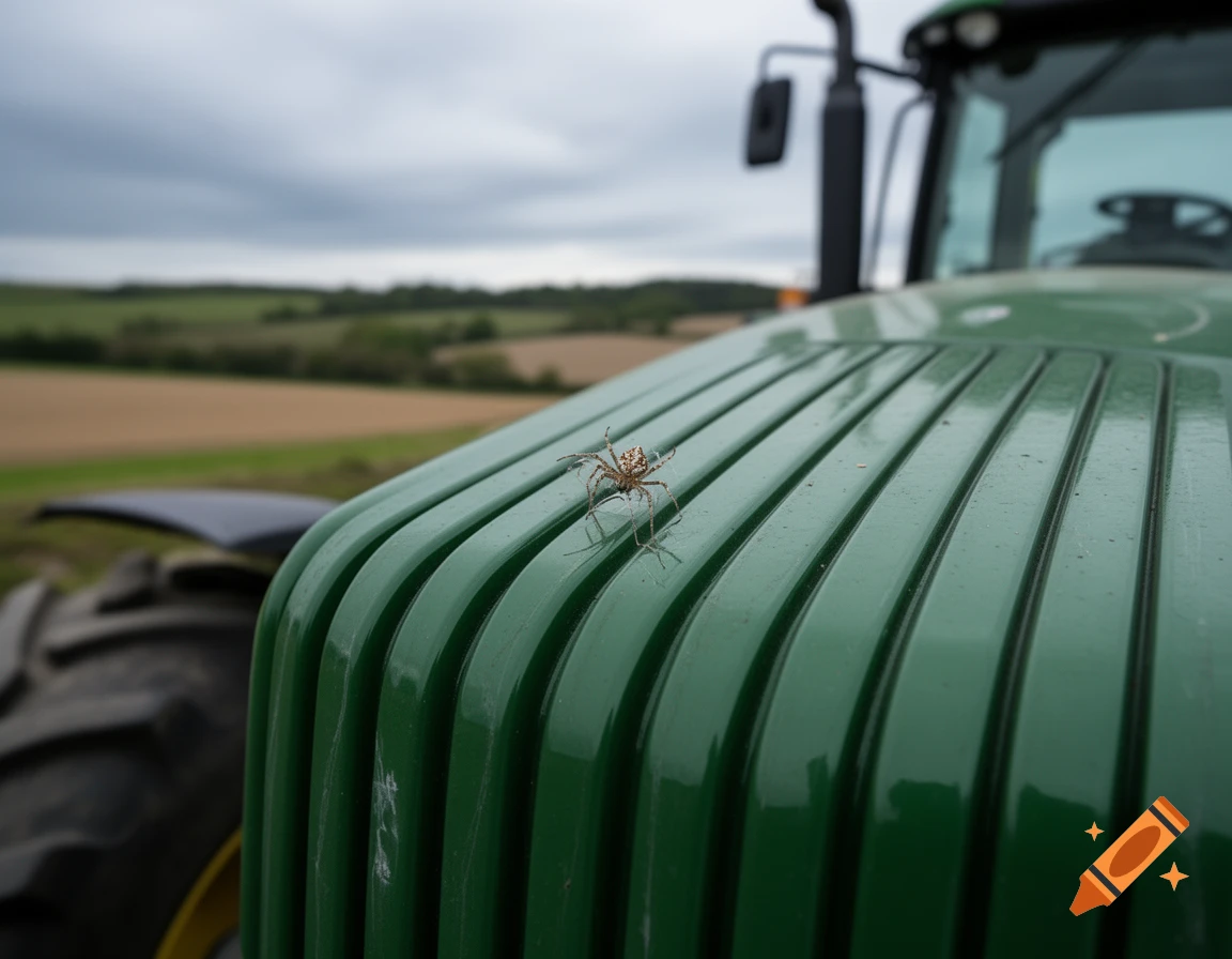 A small spider is visible on the green, ribbed hood of a tractor, with blurred fields and a cloudy sky in the background.