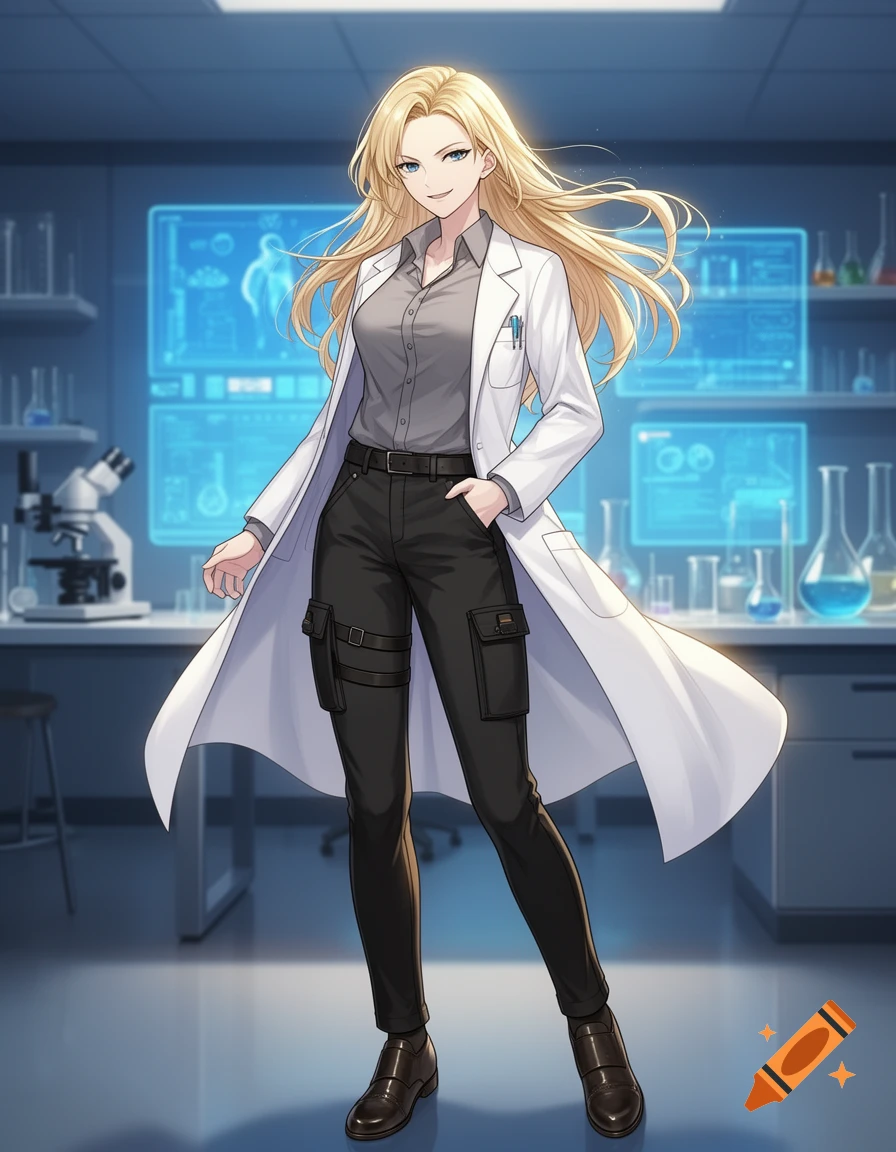 An anime-style blonde woman in a lab coat and cargo pants smirks in a futuristic laboratory.