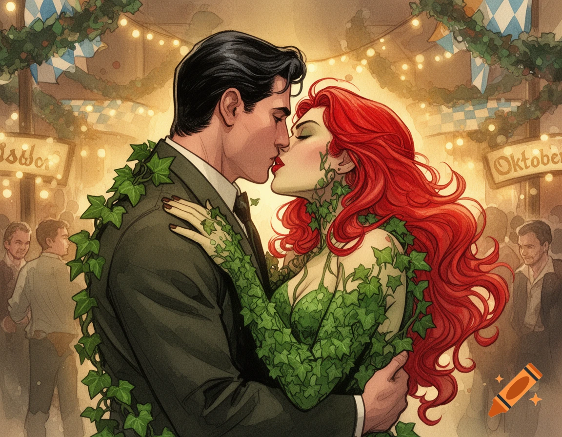 Poison Ivy and Bruce Wayne passionately kiss amidst Oktoberfest decorations in a comic book art style.