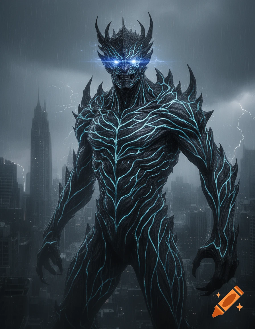 A large, dark, horned monster with glowing blue eyes and vein-like patterns stands over a city in the rain with lightning.