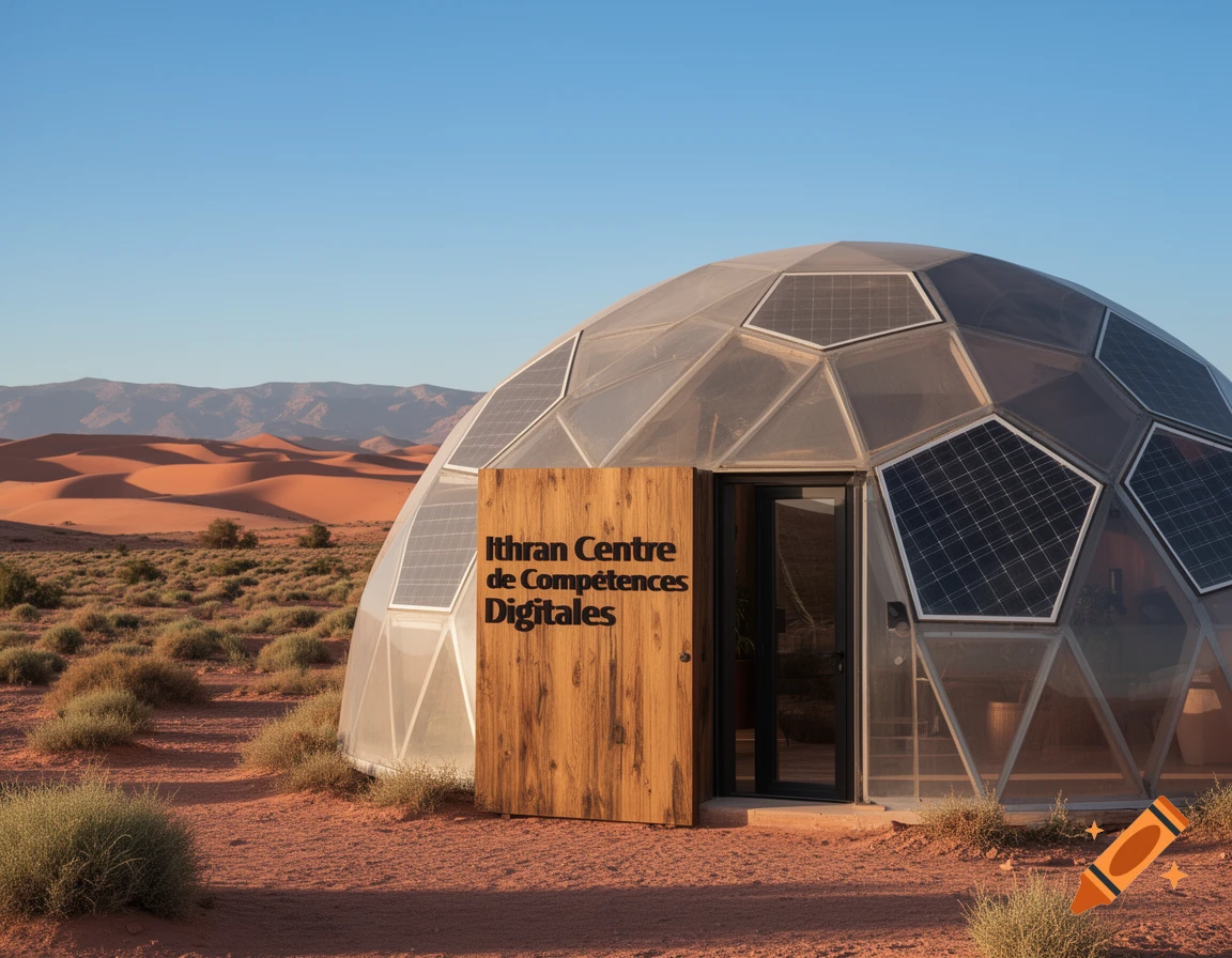 Photorealistic geodesic ecodome with solar panels and 'Ithran Centre de Compétences Digitales' on the door, set in a vast desert with dunes.