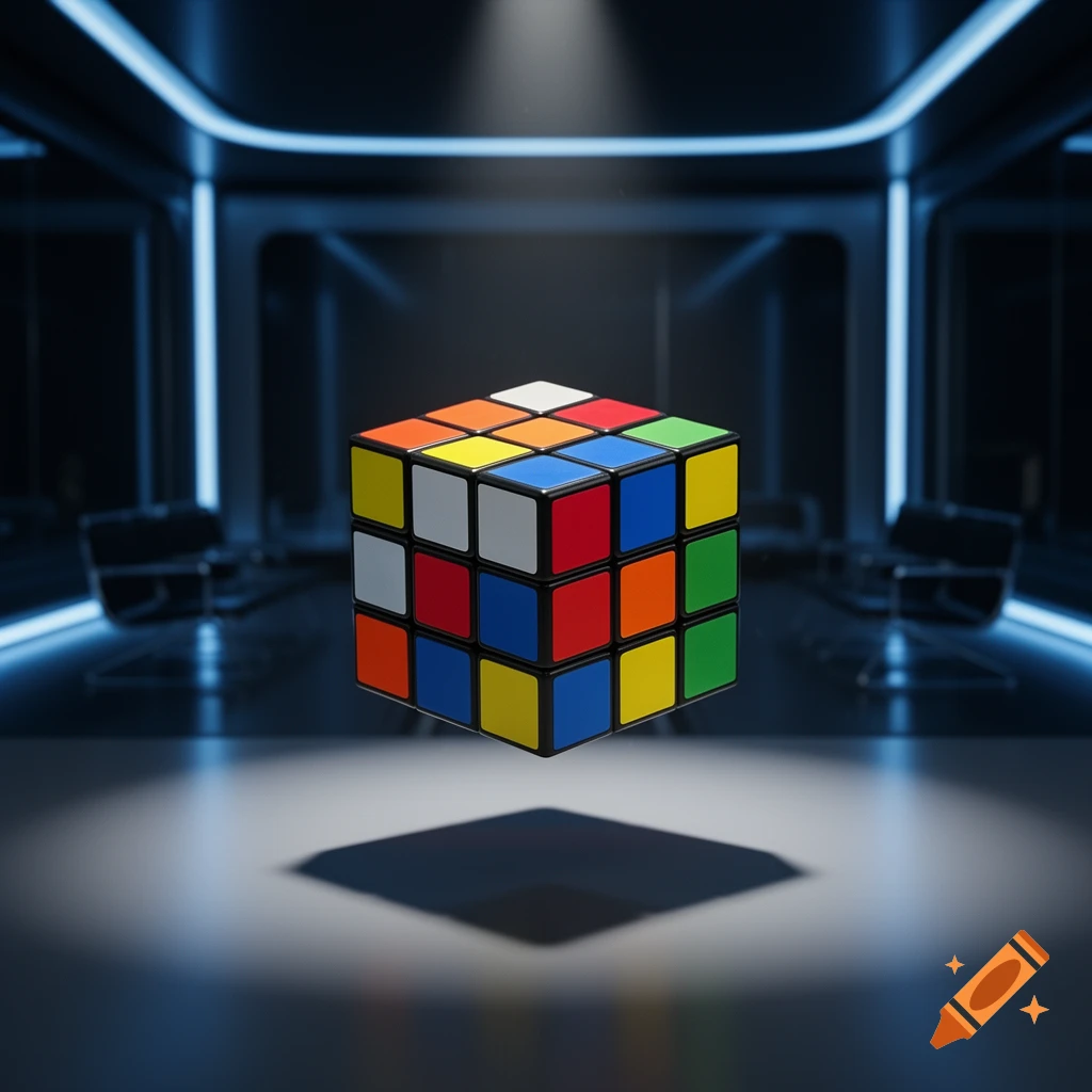 A colorful Rubik's cube floats under a spotlight in a dark, modern room with blue neon accents.