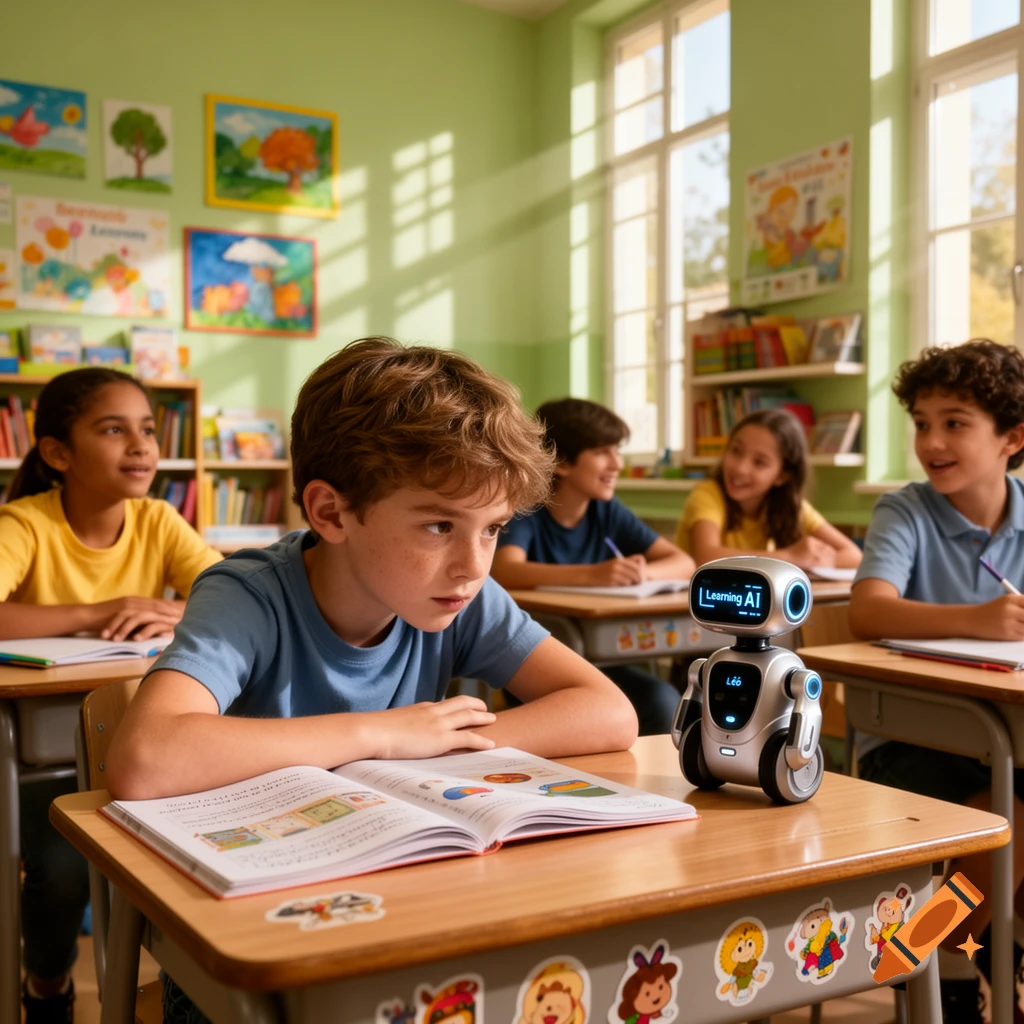 A young boy looks at an educational robot on his desk in a bright classroom with other students. The robot displays 'Learning AI'.