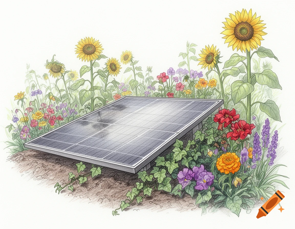 A vibrant sketch illustration of a solar panel surrounded by sunflowers and colorful wildflowers.