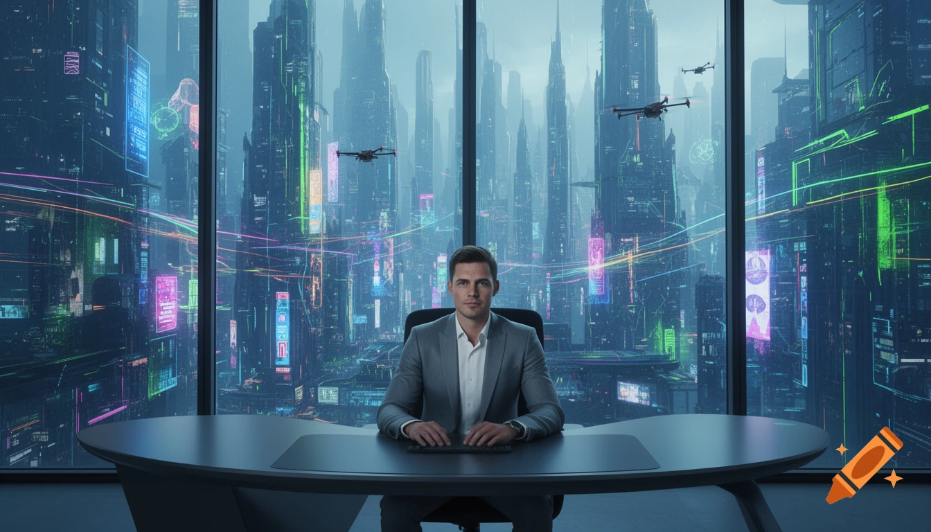 A man in a suit sits at a desk in front of a panoramic window overlooking a futuristic cyberpunk city with neon lights and flying drones.