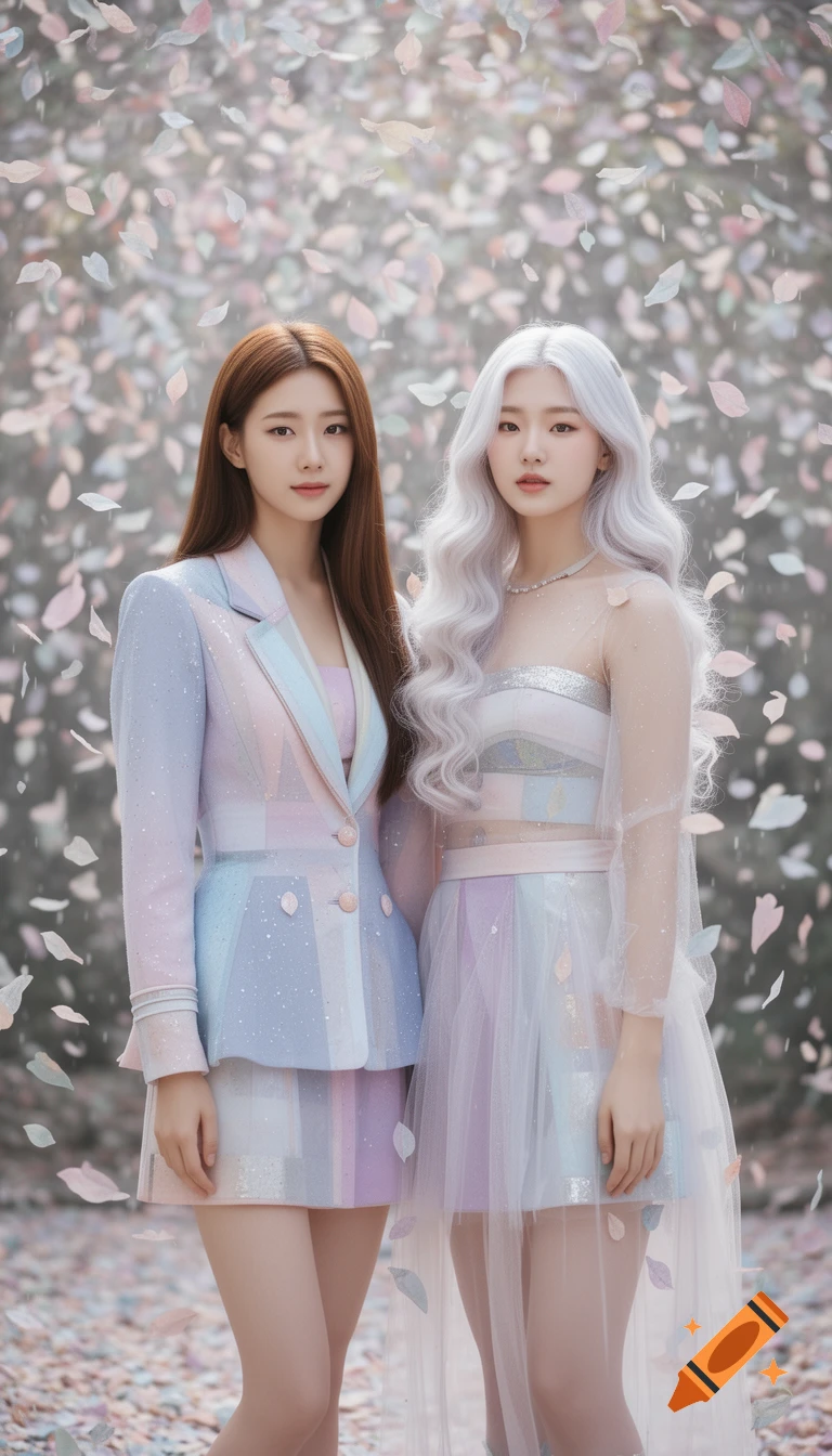 Two women in K-Pop style pastel outfits with long brown and white hair stand among falling pastel leaves.