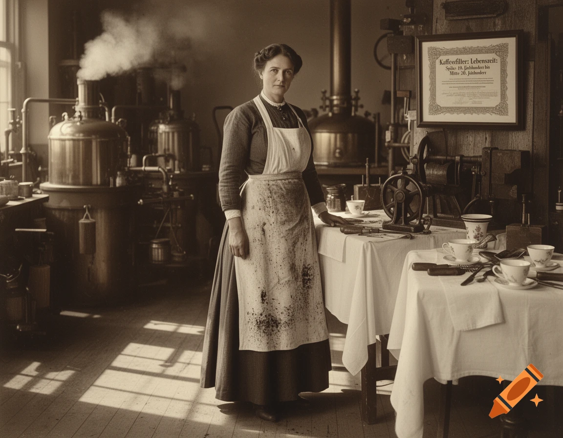 A sepia-toned historical portrait of a woman in an apron standing in a factory-like setting with coffee machinery and tables.