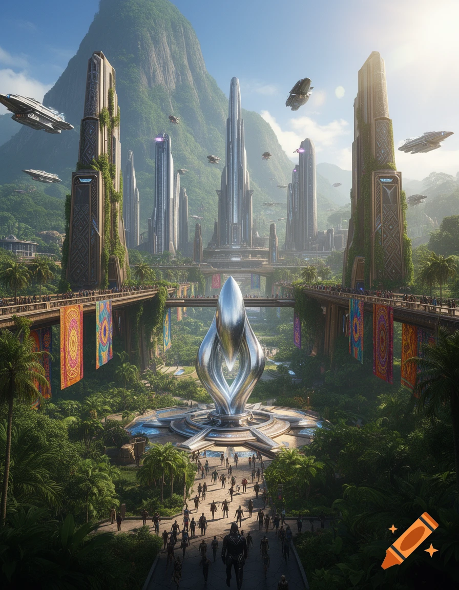 A grand, futuristic cityscape with tall, sleek buildings, lush greenery, flying vehicles, and a crowd of people in a valley.