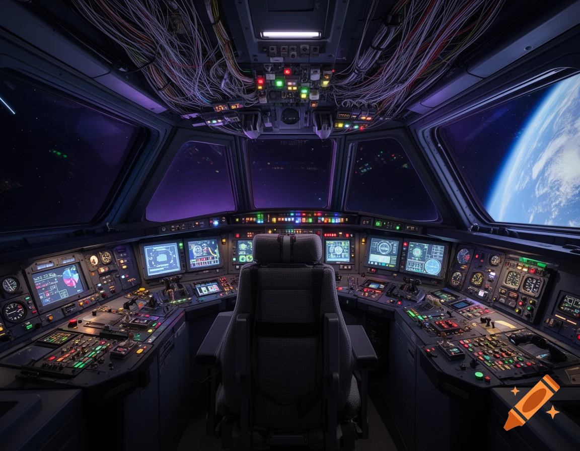 A detailed, futuristic space shuttle cockpit interior with numerous screens, buttons, and tangled wires, overlooking Earth from orbit.